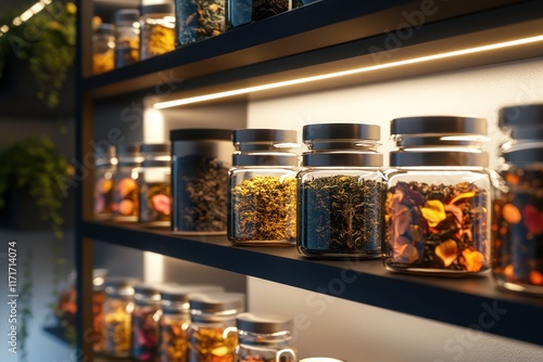 A sophisticated product display of organic herbal teas, arranged in elegant glass jars on modern shelves, with soft lighting accentuating the natural hues and textures of the tea leaves. photo