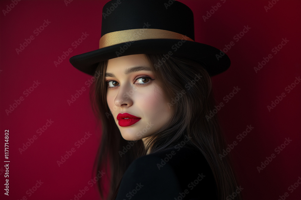 A stylish young woman with long dark hair, wearing a black top hat and red lipstick, poses against a deep red backdrop. Her gaze is intense and captivating, creating a glamorous and slightly mysteriou A stylish young woman with long dark hair, wearing a black top hat and red lipstick, poses against a deep red backdrop. Her gaze is intense and captivating, creating a glamorous and slightly mysteriou