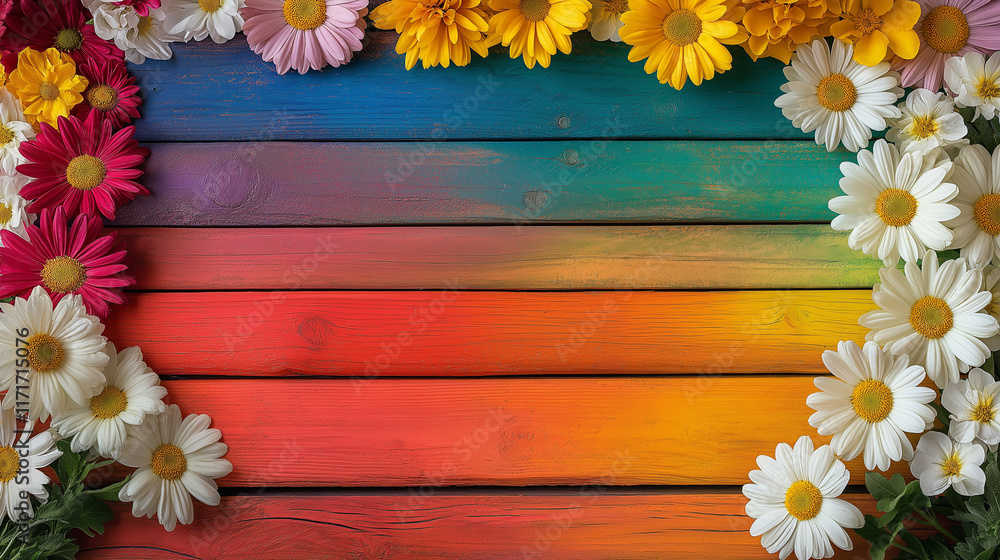 Obraz premium Boho style wildflowers and spring daisies on a rainbow wooden background. Graphic banner or frame