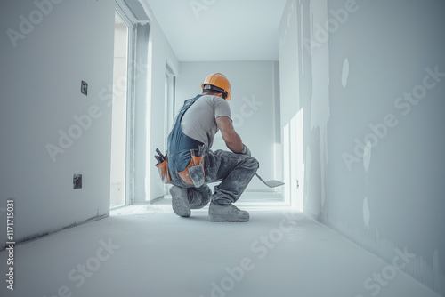 A construction worker, wearing a hard hat and overalls, kneels on the floor of an unfinished room, applying plaster to the walls with a putty knife.