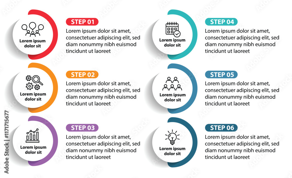 Fototapeta premium 6 steps infographic template with 6 options. Flowchart that can be used for business report, data visualization and presentation. Timeline infographic elements vector illustration.