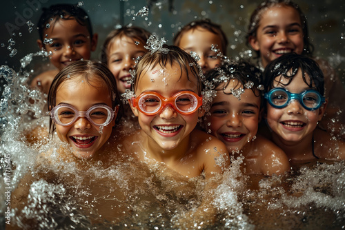 A group of children wearing swimming goggles in a pool of water photo