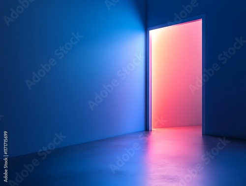 A Doorway Reveals Vibrant Pink Light Against a Blue Wall photo