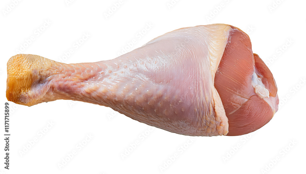 Raw chicken drumstick with skin, ideal for frying or roasting, displayed against a clean white background Raw chicken drumstick with skin, ideal for frying or roasting, displayed against a clean white background
