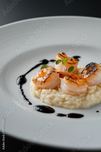 Creamy shrimp risotto with herbs and seafood served on a white plate