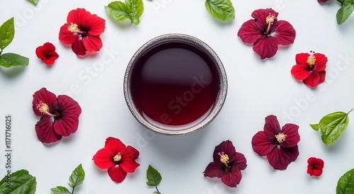 Colorful hibiscus flowers surround a cup of herbal tea on a white surface