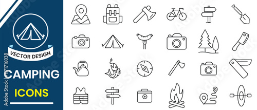 Camping icon set. Outdoor, camping, trekking and adventure line icon, vector set. Camp, tent, forest, campfire, hiking icons. Tourism, hiking, bonfire, tent and caravan icon. Vector illustration.