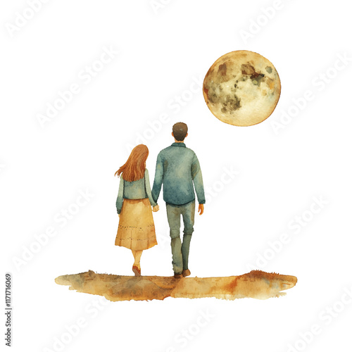 couple moonlit walk vector illustration in watercolor style