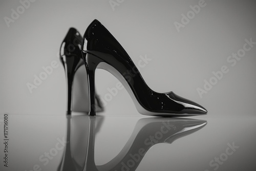 Elegant black high heels with a glossy finish, perfect for a stylish look or a special occasion. photo