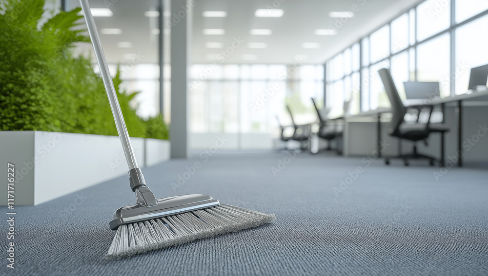 custom made wallpaper toronto digitalA yellowhandled broom sweeps a gray carpet in a modern, bright office setting. Blurred office furniture and plants are in the background. Cleanliness concept.