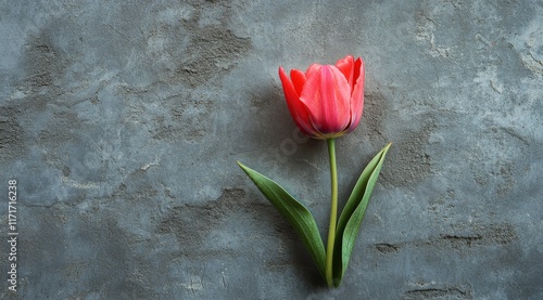Vibrant pink tulip against a textured gray background for spring decor inspir...