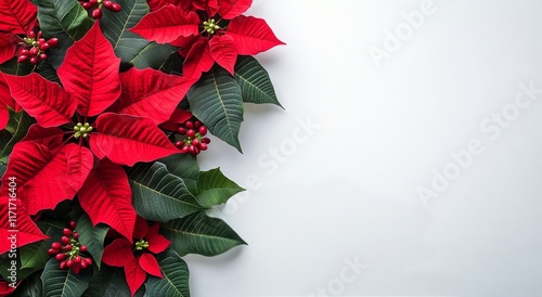 Bright red poinsettia flowers arranged on a white background for holiday deco...