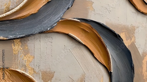 A modern abstract impasto canvas with grey, ochre, gold and matte beige, where the rich textures combine in an elegant, contemporary design. photo