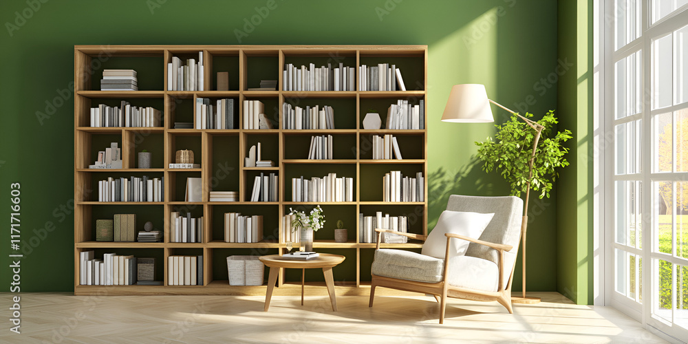 Cozy Minimalist Reading Nook with Wooden Furniture and Soft Lighting Cozy Minimalist Reading Nook with Wooden Furniture and Soft Lighting