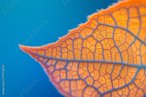 Closeup of an orange leafs intricate vein network against a vibrant blue backdrop. Detailed macro shot highlighting texture and autumn colors. photo