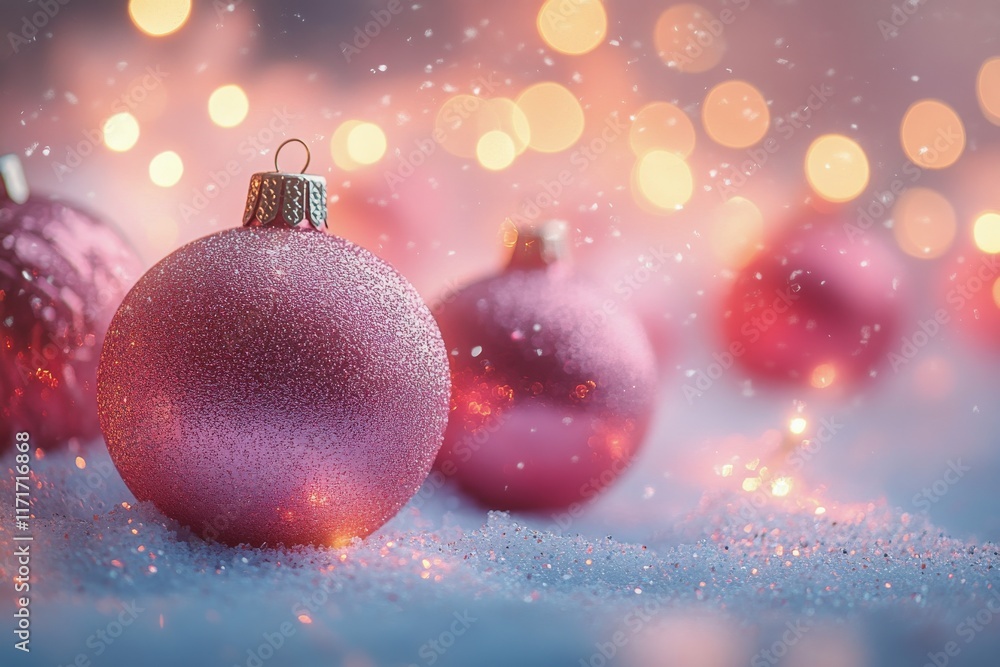 Glittering pink ornaments surrounded by soft snow and warm lights during the holiday season Glittering pink ornaments surrounded by soft snow and warm lights during the holiday season