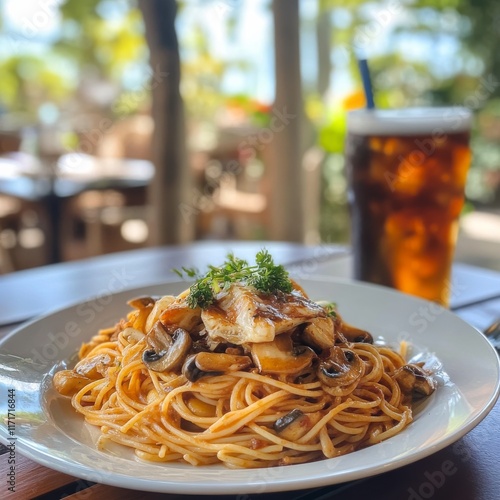 Delicious mushroom pasta served with a refreshing beverage in a tropical outd...