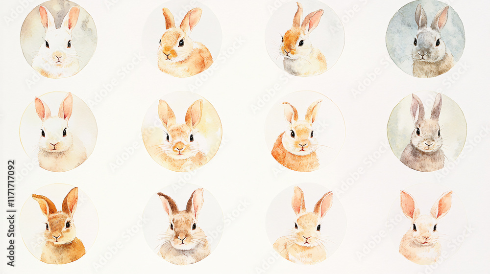 Naklejka premium Twelve watercolor rabbit illustrations with soft earthy tones and subtle details arranged neatly against a clean white background 