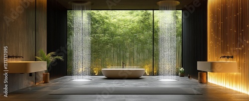 Modern spa interior with elegant design and tranquil waterfall in a lush gree...