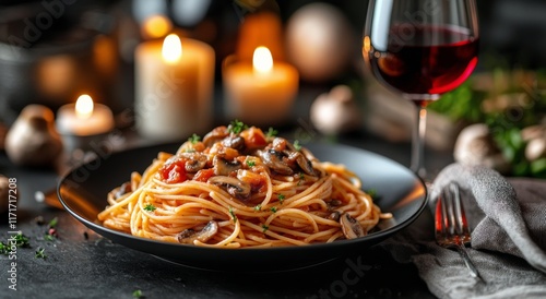 Delicious spaghetti with mushrooms served on a black plate beside a glass of ...