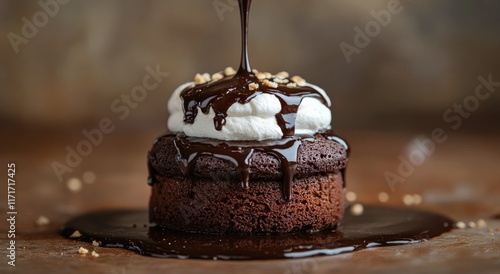 Delicious chocolate cake topped with cream and syrup on a white plate in a br...