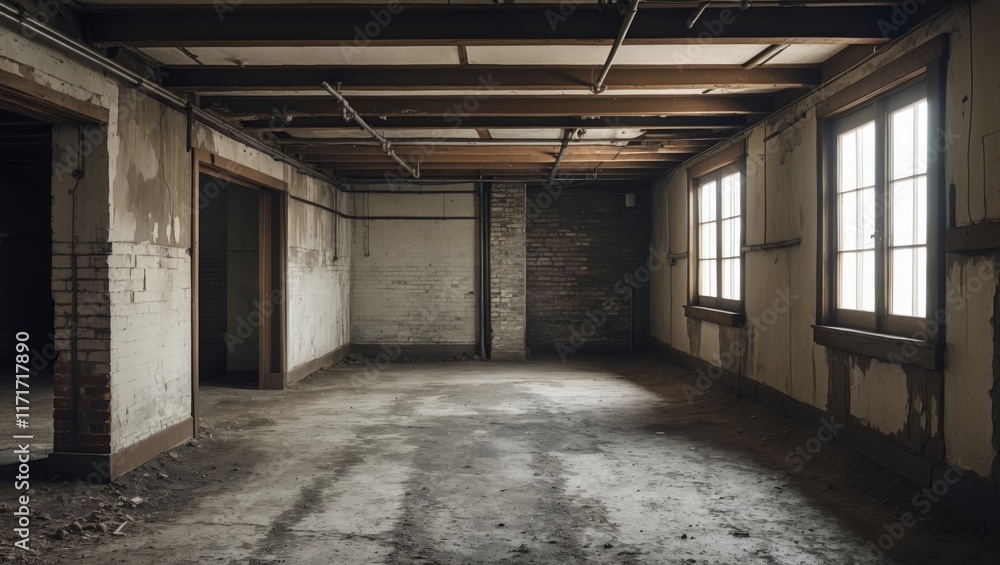Aged vacant basement space with ample room for text Aged vacant basement space with ample room for text