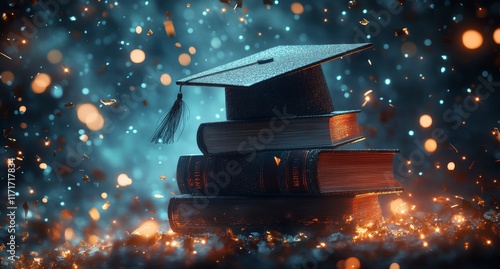Graduation cap resting on a stack of books with colorful confetti floating in...