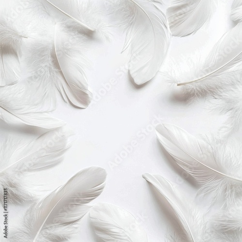 White feathers arranged on a flat surface creating a soft and elegant design ...