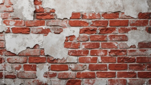 Aged red brick wall with whitewashed plaster background