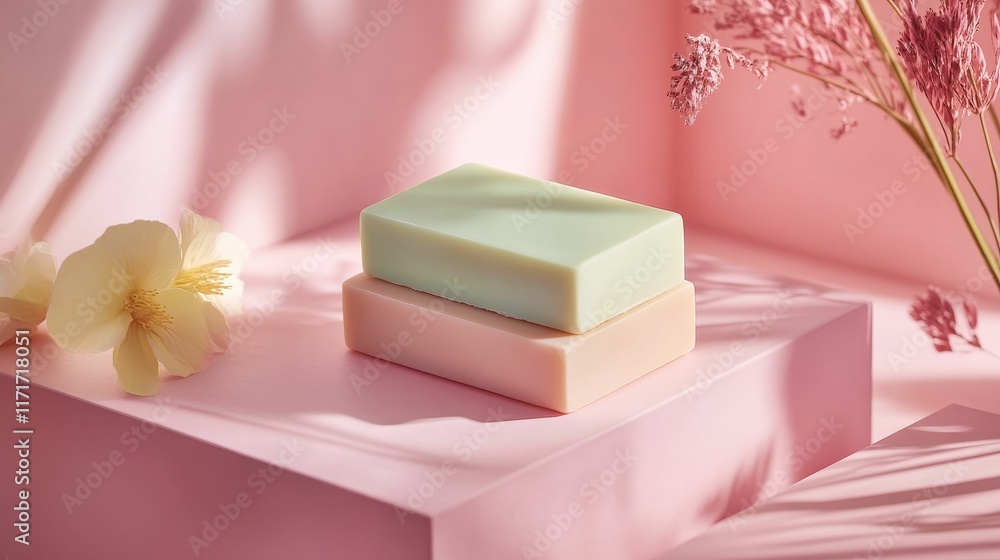 Stacked pastel soaps, pink background, flowers, shadows. Stacked pastel soaps, pink background, flowers, shadows.