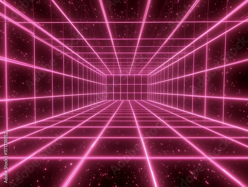 Pink Neon Grid Lines In A Dark Room