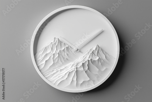 A minimalist white round clock displays a snowy winter scene with snow covered evergreen trees. The clock hands are simple black against the serene winter forest backdrop. photo