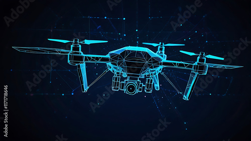 Futuristic Drone Technology Abstract. Digital wireframe of drones flying, blue neon glow. olygonal low poly background with connecting dots and lines. Futuristic digital low poly 3d drone flying.