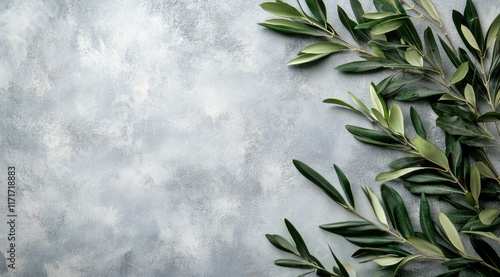 Olive branches arranged on a textured gray background for decoration and culi...