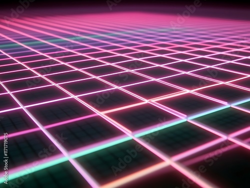 Pink and teal neon grid lines form a digital landscape photo