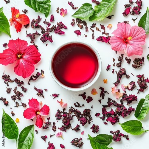 Floral arrangement with hibiscus tea surrounded by vibrant petals and dried f...
