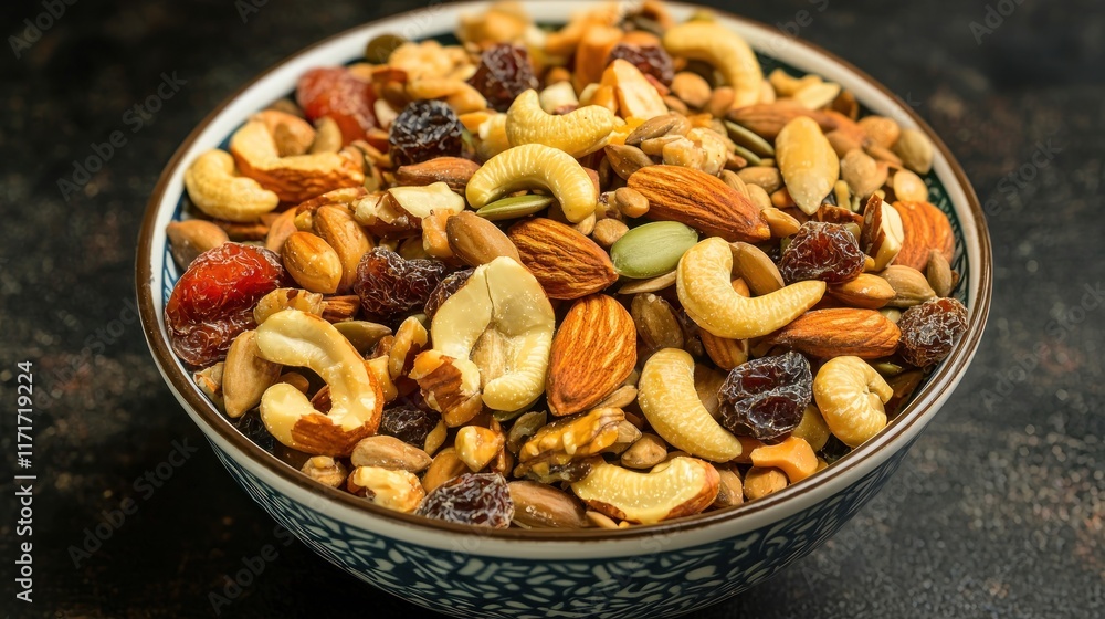 A bowl of mixed nuts and dried fruits for healthy snacking. A bowl of mixed nuts and dried fruits for healthy snacking.
