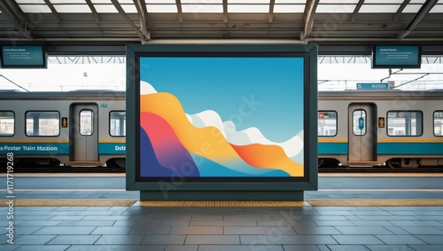 Blank advertising billboard mockup in train station photo