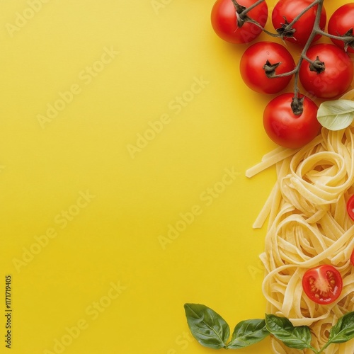 Fresh pasta surrounded by ripe tomatoes and fragrant basil on a bright yellow...