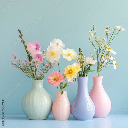 Beautiful spring flowers arranged in colorful vases against a pastel blue bac...