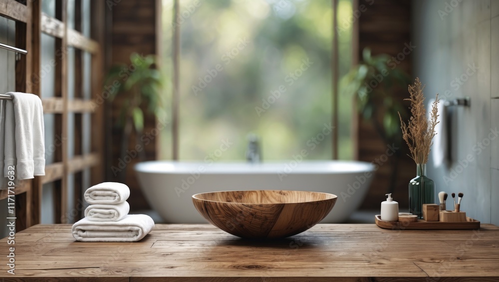 Blurred bathroom background with wooden tabletop surface Blurred bathroom background with wooden tabletop surface