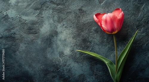 Vibrant pink tulip against a textured gray background for spring decor inspir...