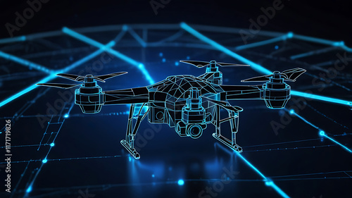 Futuristic Drone Technology Abstract. Digital wireframe of drones flying, blue neon glow. olygonal low poly background with connecting dots and lines. Futuristic digital low poly 3d drone flying. photo