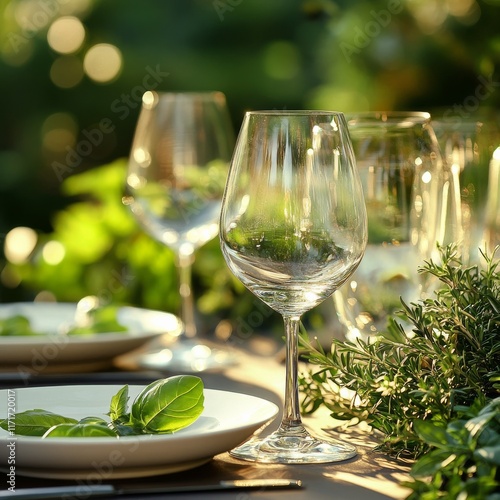 Elegant outdoor dining setup with glassware and fresh herbs during golden hour