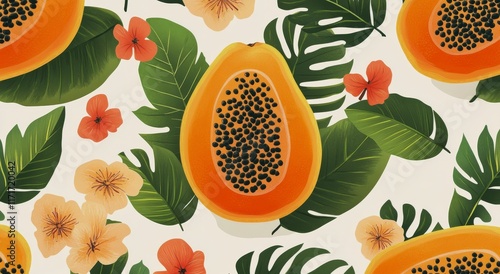 Colorful papaya and leaves arranged artistically on a vibrant background