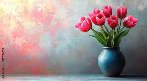 Beautiful arrangement of pink tulips in a blue vase on a pastel background