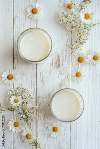 Fresh dairy products surrounded by white flowers on a wooden table