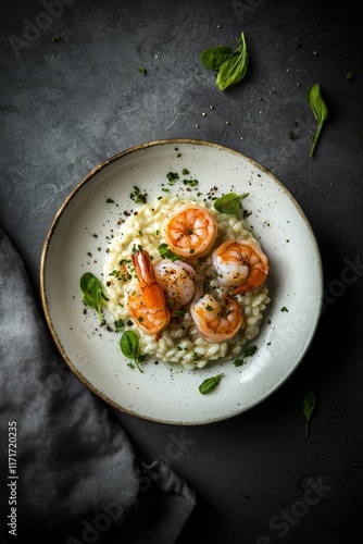 Creamy shrimp risotto with herbs and seafood served on a white plate