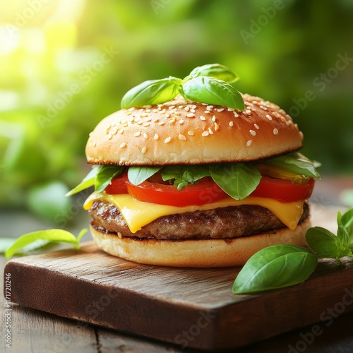 Delicious gourmet burger stacked high with fresh ingredients on a wooden boar...