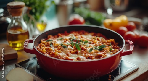 Delicious baked pasta dish prepared in a red skillet with fresh ingredients i...